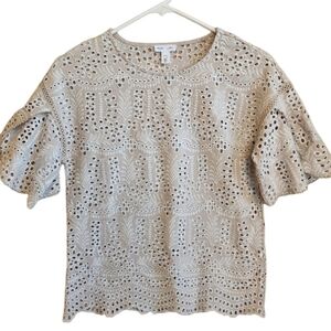 TRIBAL EMBROIDERED EYELET SPLIT SLEEVE SCALLOP BOTTOM TOP BLOUSE X-SMALL EUC
